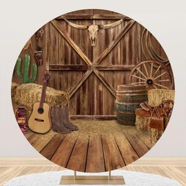 DORCEV Diameter 6.5ft Western Cowboy Round Backdrop Cover Wild West Vintage Wooden House Barn Circle Photography Background for Kids Boy Child Baby Shower Birthday Party Supplies