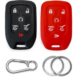 2-Pack Click&Fit Silicone Key Fob Covers Compatible with Chevy Suburban 2015-2021 Tahoe 2014-21, GMC Yukon 2014-21 – Car Remote Key Shell Rubber case 6-Buttons, Black+Red