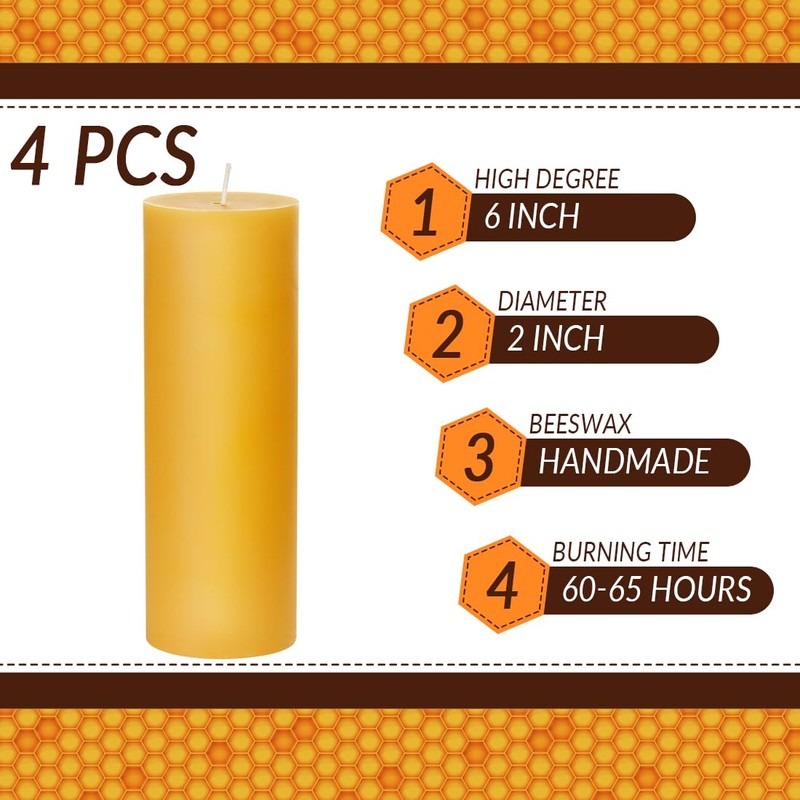Yellow 2x6 inch Natural Beeswax Pillar Candles Set of 4