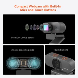 NUROUM V15AF 2K Webcam for PC, 1080P 60fps Autofocus HD Webcam with Dual Noise Cancelling Microphone, 75° FOV&Light Correction, USB Web Camera Plug&Play for Zoom/Teams,Grey