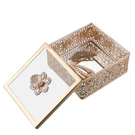 SUMTree Metal JewelrJy Box Trinket Organizer with Lid for Earrings Rings Jewelry Trinkets, Square Vintage Box for Birthday, Wedding, Mothers Days Gifts, 15 * 15 * 8.5cm (Gold)