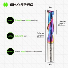 SHARPRO Upcut Spiral Router Bit Set 1/4 Inch Shank 1/4 Inch Cutting Dia. 22mm CL. 50mm OVL. Quark Smooth Coating Up Cut Solid Carbide CNC Bit, Ideal for Wood Cutting, Slot Mortise, Engraving（5PCS）