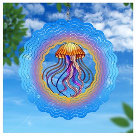AITENISEN Jellyfish Wind Spinners, 12 inch 3D Stainless Steel Hanging Wind Spinner, Kinetic Sculpture, Blue, Marine Life, Garden Decor