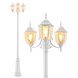 HORTUZZ Lamp Post Outdoor Lighting, 3-Head White Hard Wired Pole Light for Outside, E26 Base Maximum 100W (Bulb Not Included), Waterproof Street Light Fixture for Yard, Garden, Driveway (Classic)