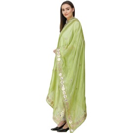Exotic India Dupatta from Amritsar Embellished with Patch Border - Color Greenery