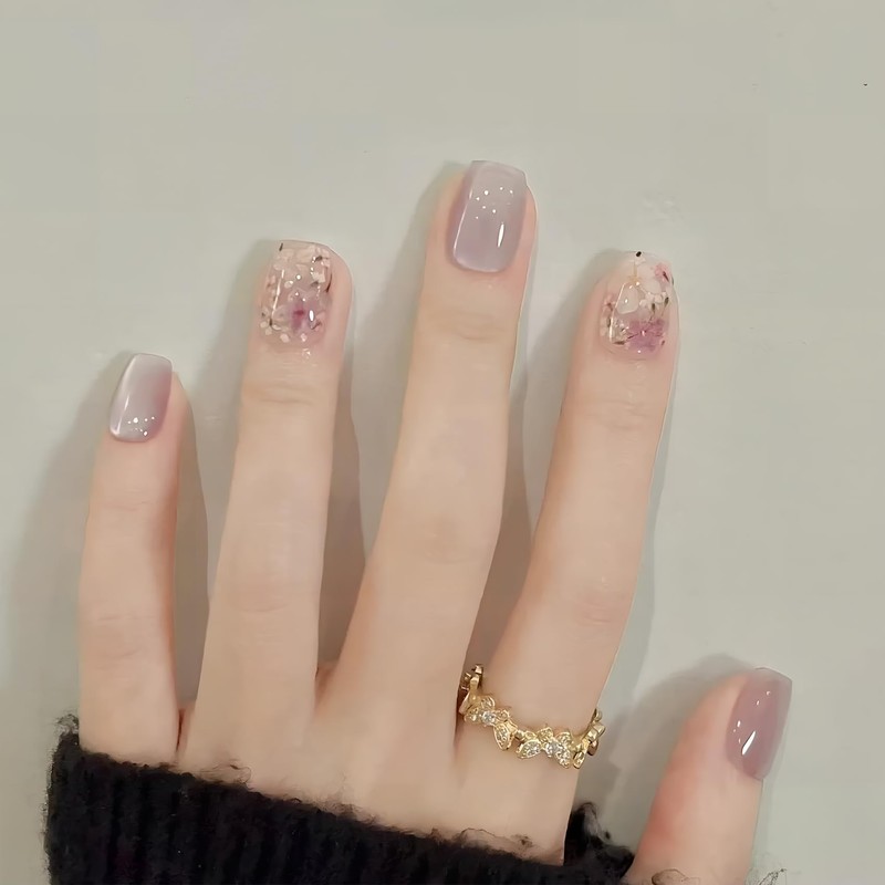 [ALLEVG]ネイルチップ 30枚入マグネットタイプ フェミニンラベンダーキャットアイ プチデイジーモチーフ付き付け爪 春夏 人気 和風 かわいい シンプル おしゃれ