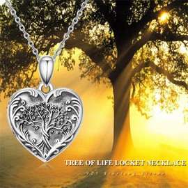 KINGWHYTE Tree of Life Heart Locket Necklace 925 Sterling Sliver That Holds Pictures for Women Wife Mom Birthday Valentine's Day Memory Gifts