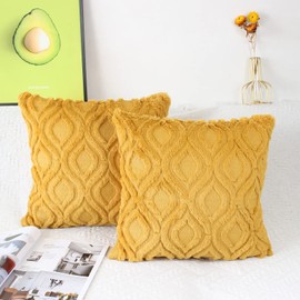 NIULAA Pack of 2 Soft Fluffy Faux Fur Cushion Covers 45 x 45 Mustard Yellow Embroidered Boho Decorative Throw Pillow Cases Plush Velvet Cushion Cover 18x18 Sofa Cushions for Living Room Farmhouse