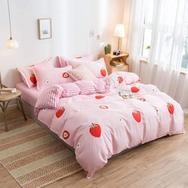 Kawaii Bedding Set, Pink Strawberry Comforter Cover Set for Kids Girls Kawaii Room Decor, Cute Cartoon Strawberry Bedding Set, Soft Micorfiber Reversible Duvet Cover With 2 Pillowcases, Queen Size