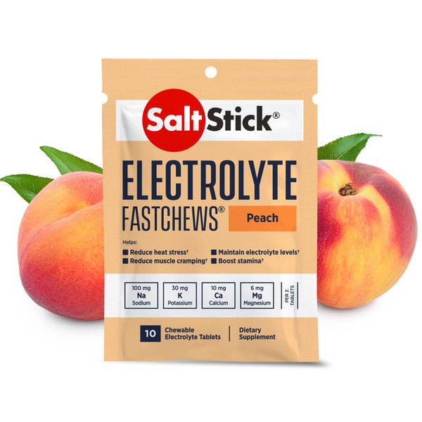 SaltStick FastChews Electrolytes - 120 Chewable Electrolyte Tablets - Peach Flavor - Salt Tablets for Fast Hydration, Leg Cramps Relief, Sports Recovery - Non GMO - 12 Packets with 10 Tablets Each