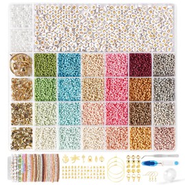 JHWELRG 24 Farbe Selber Machen Perlen für Armbänder Set 3mm, mit Goldenen Buchstabenperlen DIY Schmuckherstellungs Sets,Mädchen und Erwachsene Geschenkidee für Weihnachtsferien,Geburtstags Partys