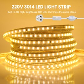 KAFULA 220V LED Light Strip with on/Off Power Plug, IP65 Waterproof, 120 LEDs/m Flexible LED Rope Light CRI85+, can be Cut Every 1m, Home Decoration Light Strip [5m, Warm White 3000K]