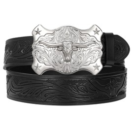 TRIWORKS Men Western Leather Belt Cowboy Buckle Belt Floral Embossed Tooled Country Belt for Jeans