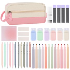 43 PCS Aesthetic School Supplies with Big Capacity Pen Case, 12 Pastel Highlighters, 5 Black Ink Gel Pens, 6 Mechanical Pencils (0.5 & 0.7 mm), Stationery Set for College Essentials, Pink
