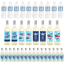 Big Dot of Happiness Taking Flight - Airplane - Mini Wine Bottle Labels, Wine Bottle Labels and Water Bottle Labels - Vintage Plane Baby Shower or Birthday Party Decor - Beverage Bar Kit - 34 Pieces