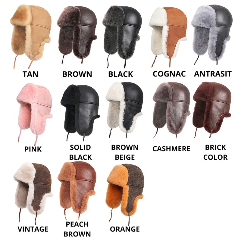 Zavelio Unisex Shearling Sheepskin Leather Aviator Russian Ushanka Trapper Winter