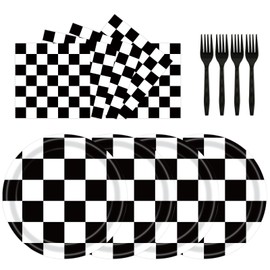 72Pcs Race Car Plates and Napkins, Black And White Checkered Flag Paper Plates and Napkins with Forks Disposable Tableware Set for Race Car Birthday Party Decorations