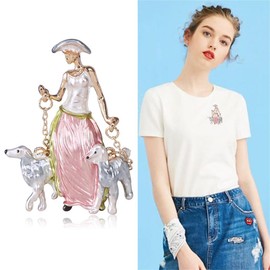 Funny Dog-Walking Modern Girl Brooch Pin For Women Lady Fashion Animal Pet Scarf Shawl Lapel Pins Clip Dainty Cute Badge Corsage Clothes Accessories Elegant Wedding Party Graduation Jewelry Gifts (Pink)
