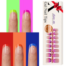French Gel Nail Tips Multi Color French Tip Press on Nails Short Square, Natural Square Gel X Nails Pre Colored Gel X French Tip Nails with Designs Painted, Soak Off Acrylic Fake Nails Bulk 150Pcs
