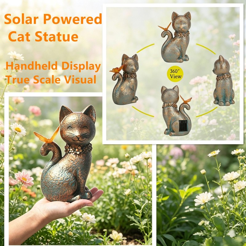 Cat Statues for Outside Garden Decor with Butterfly Solar Lights