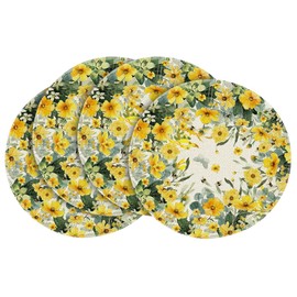 Artoid Mode Yellow Flowers Bees Green Leaves Spring Round Placemats Set of 4, 14 Inch Seasonal Round Table Mats for Dining Decoration