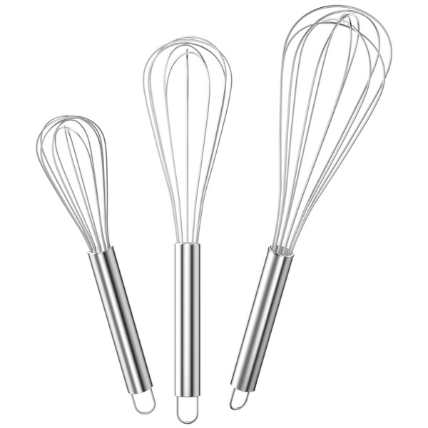 Gvolatee Whisk Set Stainless Steel, Whisk Set of 3 Includes 21 cm, 26 cm, 29 cm for Mixing, Stirring Dough, Eggs, Frothing, Beating, High Quality Whisk for Dining Room, Kitchen, Silver