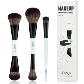 Jessup Set Brochas de Maquillaje Facial, 3pcs Juego Pinceles Maquillaje de Doble Punta para Base Contorno Rubor Resaltador y Corrector Set Brochas Veganas Premium Cian Brillante T503