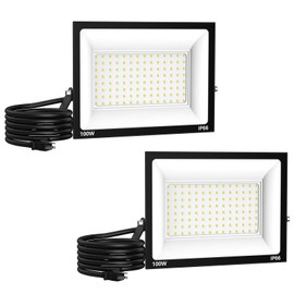 Paideste 100W Flood Light Outdoor: 2 Pack 10000LM Bright LED Plug-in Flood Light, IP66 Waterproof, 100-265V, 6500K Daylight White, Plug-and-Play, Heat Dissipation, Ideal for Yard, Garage, Stadium
