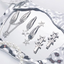 10 PCS Y2K Silver Star Hair Clips Metal Pentagram Barrettes & Snap Clips in 8 Unique Shapes Cute Punk 2000s Hair Accessories for Women