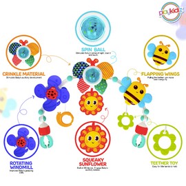 Playkidiz Baby Stroller Arch Toy, Interactive Activity Bar with Spinning Ball, Windmill, Sunflower, Adjustable Bone Joints, Teether Toys