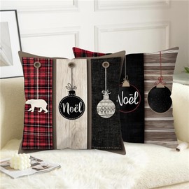 UZFNY Rustic Christmas Throw Pillow Covers 18x18 Inch - Set of 2, Double-Sided White Bear & Red Black Buffalo Plaid Decorative Cushion Cases for Noel Winter Holiday Home Decor, Cabin & Lodge Style