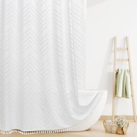 Craidlela Extra Long White Shower Curtain 72 x 84 Inches, Boho Tufted Chevron Striped Fabric with Chic Textured Design, Modern Farmhouse Waterproof Bathroom Shower Curtain
