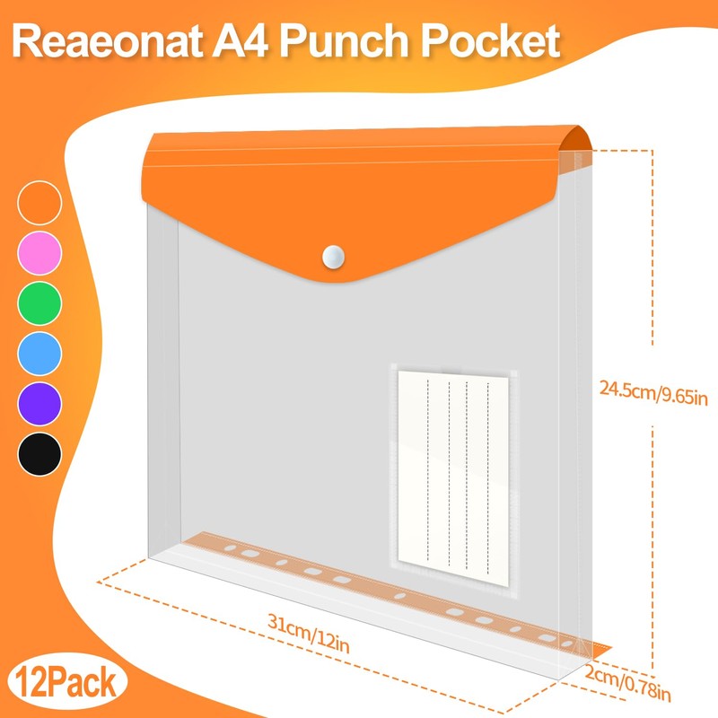 Punched Pockets Plastic Wallets, 12Pcs A4 File Folders for Document