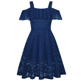 Girls Floral Lace Dress Off Shoulder Flutter Sleeve Bridesmaid Vintage Formal Cocktail Party Swallowtail Swing Cassual Dresses 7-14 Years(Navy,8/9)