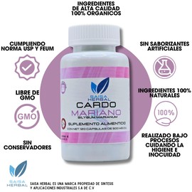 Cardo Mariano puro con 120 cápsulas de 500 mg c/u.