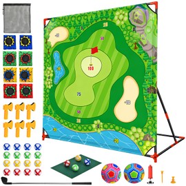 DyBaxa Golf Chipping Game - Golf Battle Game for Kids, 54*54 Golf Target Mat with 16 Sticky Balls, 8 Bean Bag, 6 Axe, 2 Soccer, Perfect for Family Fun, Outdoor Lawn, Poolside, Backyard Party Activity