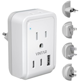 Universal Travel Adapter Kit, VINTAR International Plug Adapter with 3 USB Ports(2 USB C, 3.4A) & 2 American Outlets, Type A,C,G,I Swap&Adapt Attachments, Adapter for US/Japan/Europe/UK/AUS