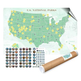 Collection 63 stickers Set All USA National Parks and large size | GREEN | Map of U.S. National Parks.17 x 27 inch with Gift Tube Box. Camping, Travel and animals Stickers. Commemorate you favorite spot and plan your next trip