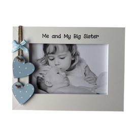 Me and My Big Sister Picture Frame for 6x4 Photo, Landscape, White Blue Wooden Hearts, Perspex Front, Handcrafted Gift for Siblings and New Baby