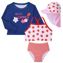 Lilian & Gema 4-Piece Baby Toddler Girl Swimsuit Set - Tankini & Rash Guard Girls Bathing Suit with UPF 50+ Sun Protection, Cute Strawberry, 4T