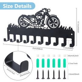 SUPERDANT Key Holder Black Metal 10 Hooks Motorcycle Key Rack Iron Key Holder Wall Mounted Decorative Hook Organiser Rack for Bag Clothes Keys Towel 11.5 x 25 cm