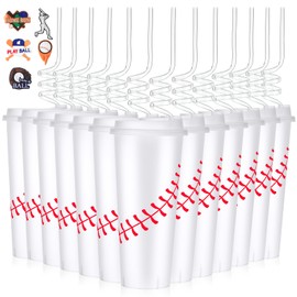 Blushtier 50 Sets Baseball Plastic Tumbler with Lid and Straw Stickers Baseball Cups 24 oz Reusable Plastic Stadium Cups Baseball Party Favors for Kid Coach Men Women Gifts Travel Birthday Sport Event