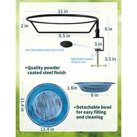 Bird Bath Outdoor Metal Birdbath Deck Mounted, Bird Baths with Adjustable Sturdy Metal Clamp for Deck Railing Balcony Yard Garden Decoration