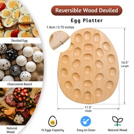 Lounsweer Reversible Wood Deviled Egg Platter and Charcuterie Board Thicken Egg Tray Countertop Refrigerator Chicken Egg Container for Chrismas Easter Deviled Egg Carrier(Beech Wood)