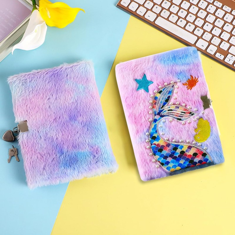 Mermaid Notebook with Plush, A5 Sequins Diary Mermaid Journal for