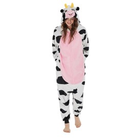 NEWCOSPLAY Unisex Adult Pink Cow Onesie Pajamas Animal One Piece Costume Cosplay Sleepwear (Pink Cow, Medium)