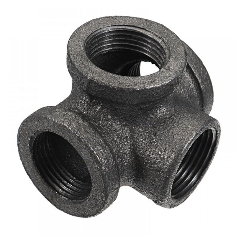 4 Way Pipe Fitting Malleable Iron Black Side Outlet Tee