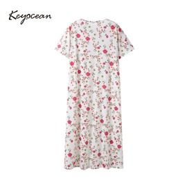 Keyocean Nightgowns for Women, Soft Cotton Comfy Lightweight Short Sleeves Ladies Nightdress, Red Flower, X-Large