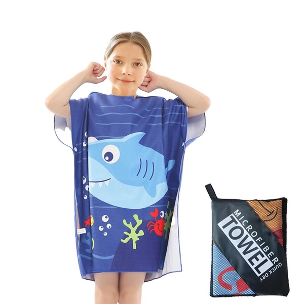 Shark Hooded Poncho Towel for Kids,60x90cm Microfibre Beach Towel With