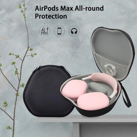 PowerDriver Case Compatible with Airpods Max Headphones, Hard Organizer Portable Carry Storage Bag, Travel Carrying Case with Silicone Case Cover, Waterproof Storage Bag (Black Case+Pink)
